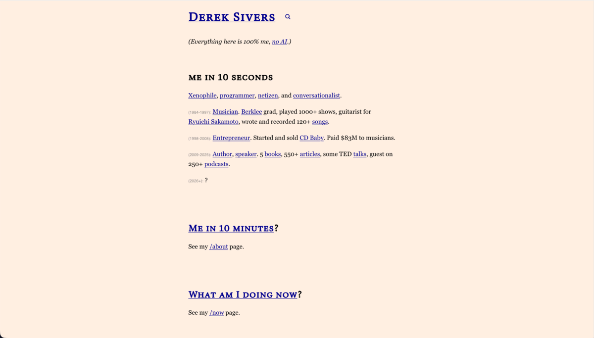 Screenshot of Derek Sivers's website