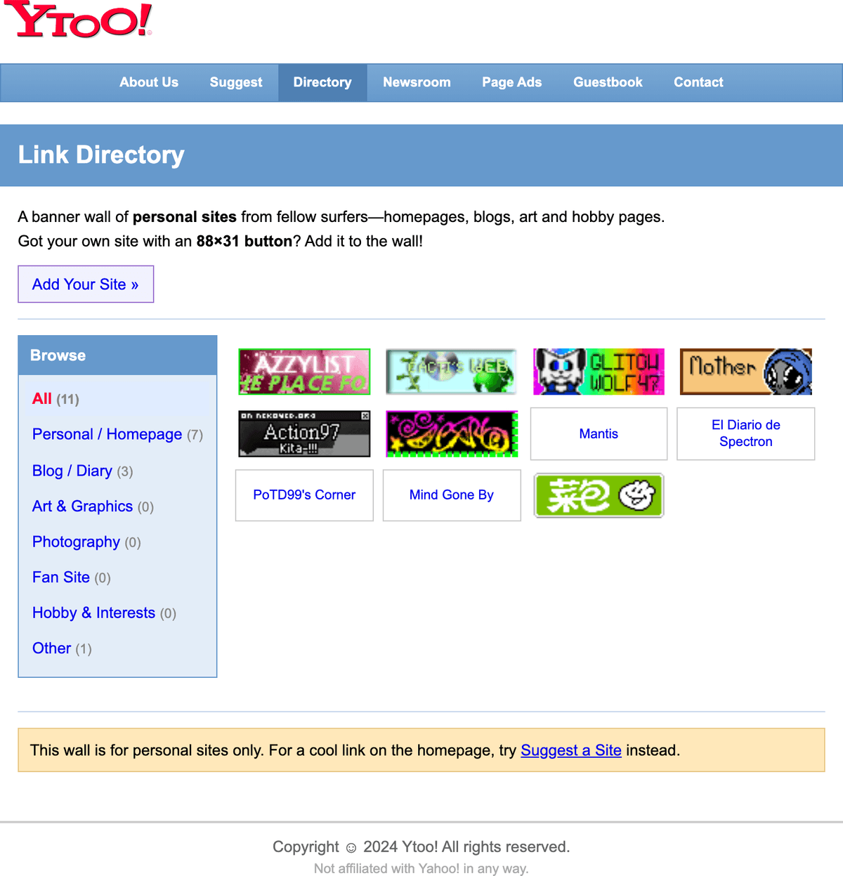 Ytoo!'s Link Directory showing a growing wall of 88×31 personal-site buttons