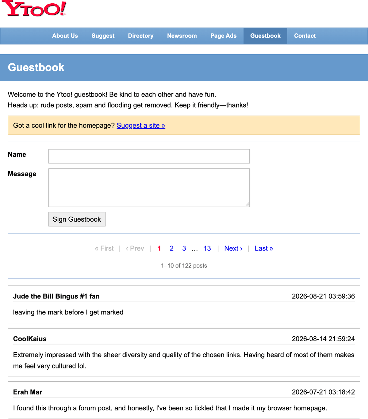 Recent Ytoo! guestbook entries from visitors describing the site as a homepage and a fun way to rediscover the web