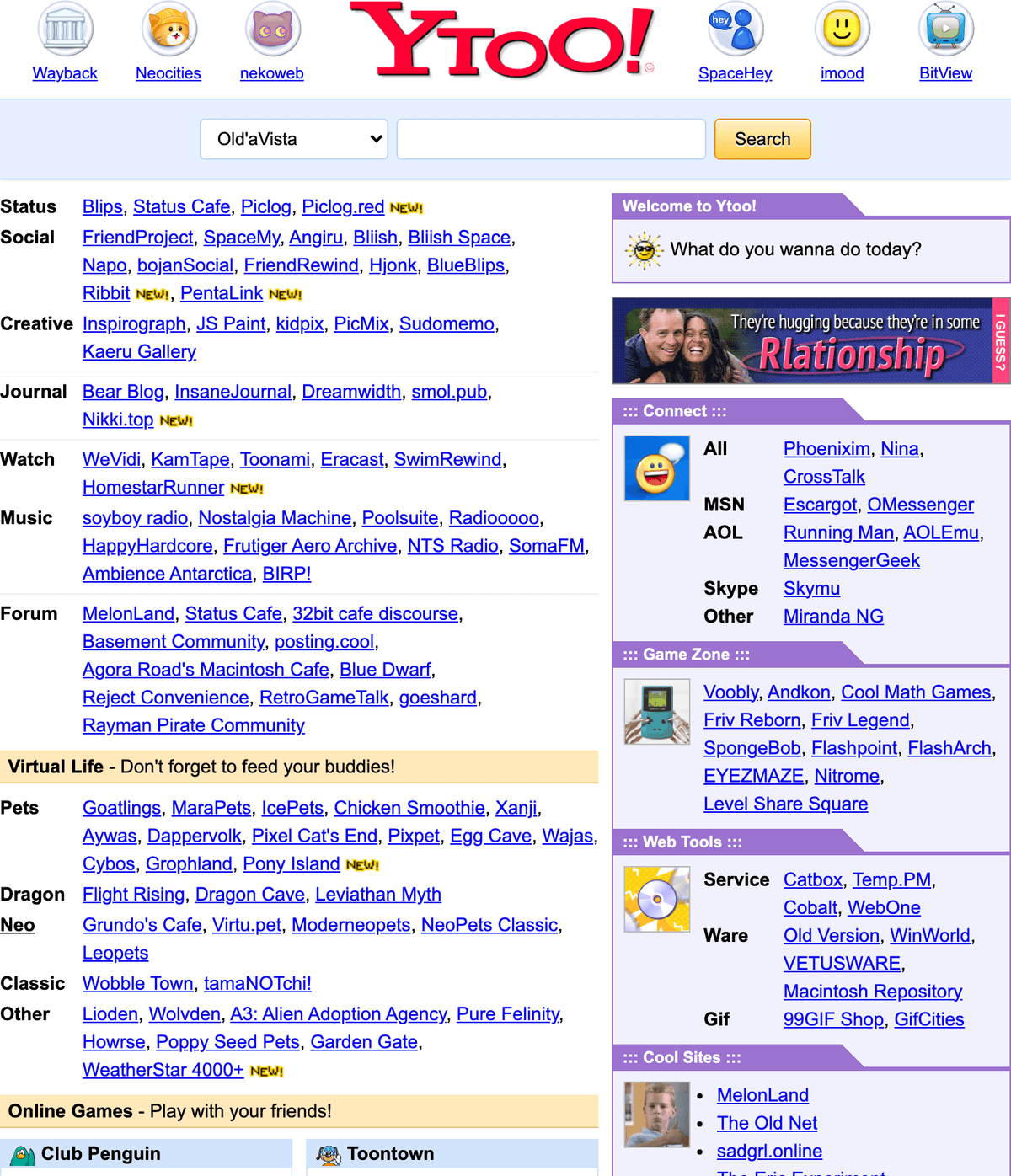 Ytoo! homepage showing the portal header, a randomized fake advertisement, and dense link categories across the page
