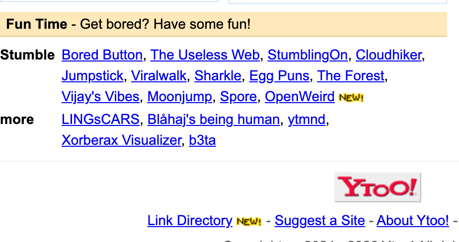 A dense Fun Time section of the Ytoo! homepage showing many varied outbound links in close proximity