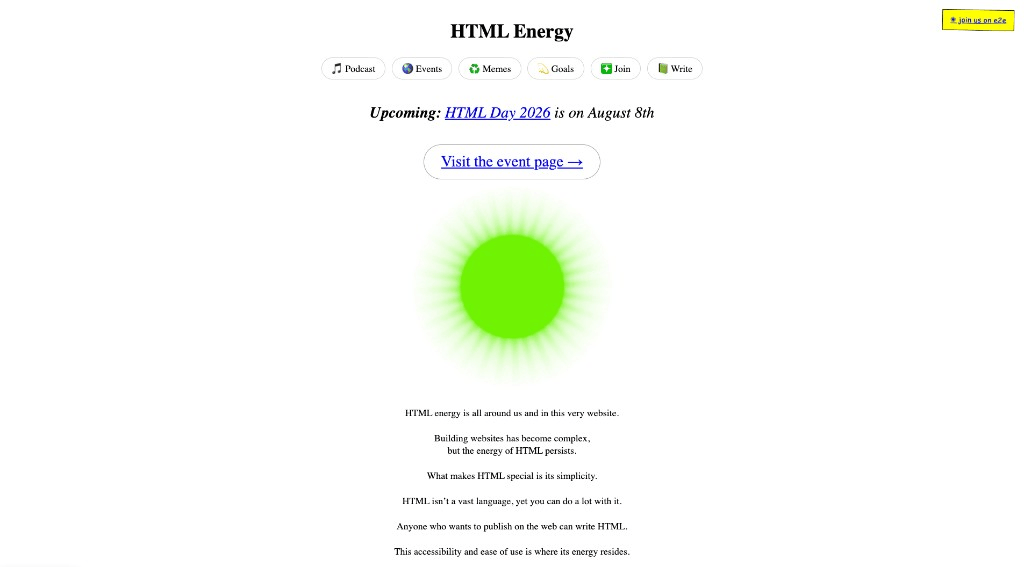 HTML Energy homepage — written in pure, raw HTML HTML Energy homepage — title, nav, green star, and the short HTML manifesto.