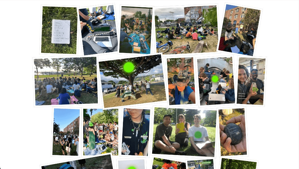 HTML Day — freewrites in parks, cafés, and other public places Photo collage of HTML Day gatherings — parks, laptops, handwritten HTML, and the green star motif.