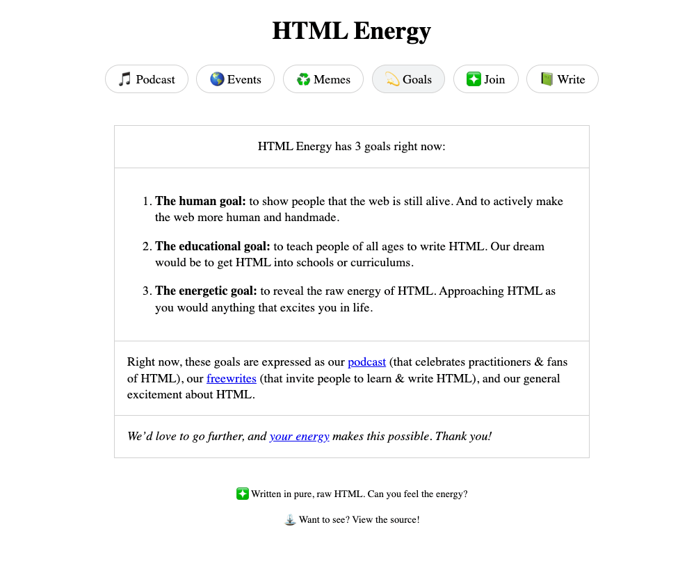 HTML Energy goals — human, educational, energetic HTML Energy goals page listing the human, educational, and energetic aims.