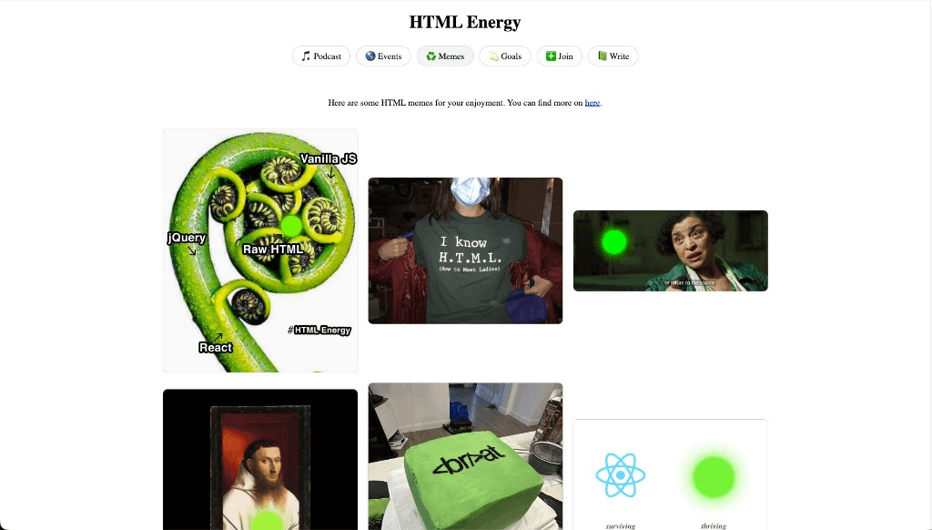 HTML memes — seriousness colliding with a very unserious page HTML Energy memes page with fern, shirt, and other handmade HTML jokes.