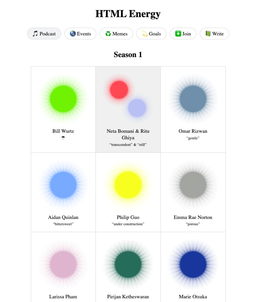 Podcast Season 1 — conversations that carry the same handmade energy HTML Energy Podcast Season 1 guest grid with glowing colored stars.